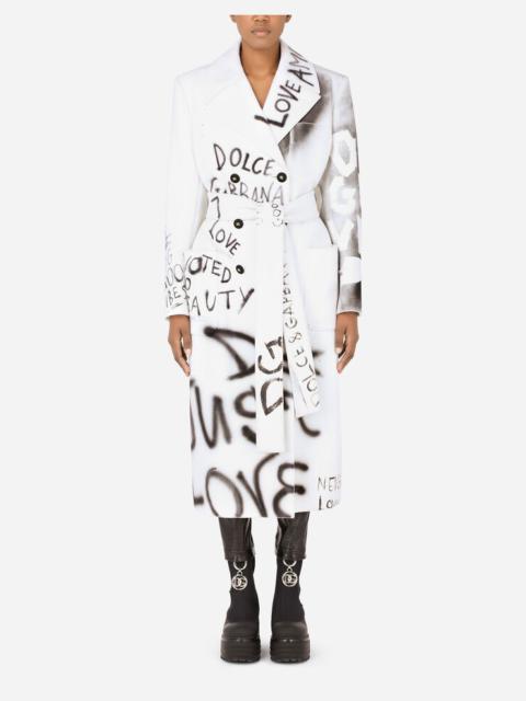 Dolce & Gabbana Belted double-breasted fabric coat with DG graffiti print