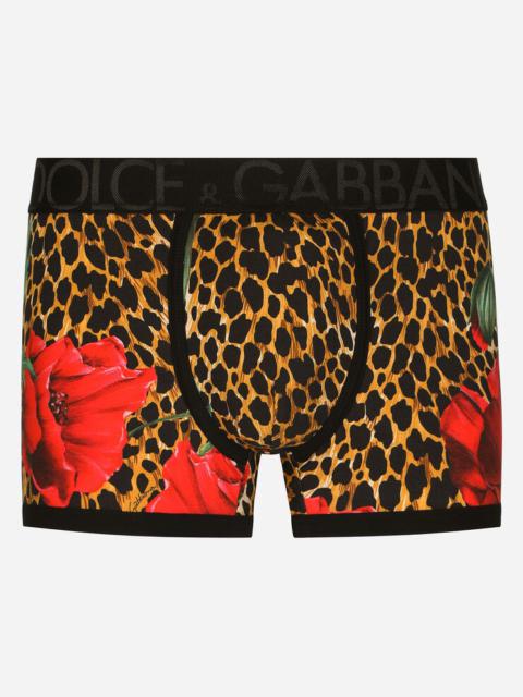 Dolce & Gabbana Two-way stretch cotton boxers with poppy and ocelot print