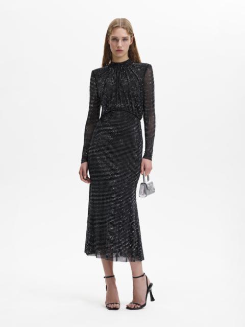 self-portrait Black Rhinestone Mesh Long Sleeve Midi Dress | REVERSIBLE