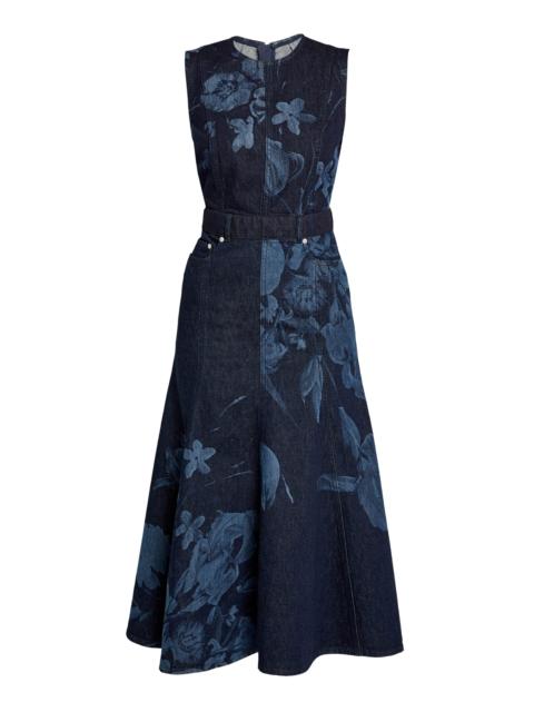 Erdem Embroidered Fluted Denim Midi Dress dark wash