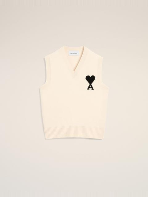 AMI Paris WHITE SLEEVELESS WOOL SWEATER WITH AMI DE COEUR