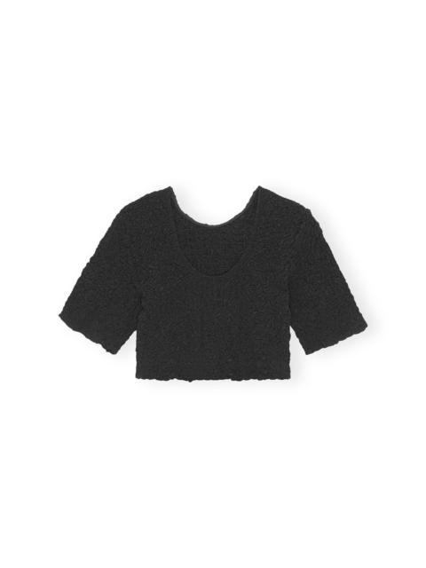 GANNI BLACK COTTON POPLIN O-NECK CROPPED SMOCK TOP