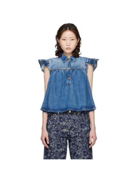 GANNI Blue Denim Ruffle Top