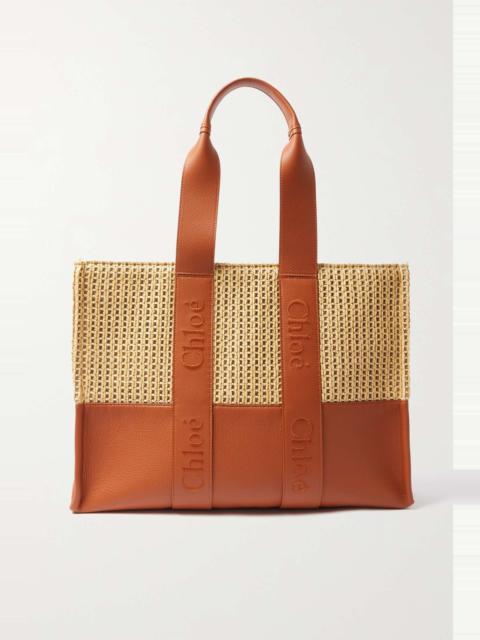 Woody large raffia and embroidered textured-leather tote