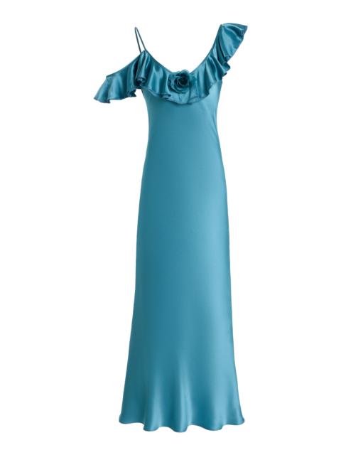 Flower-Detailed Ruffled Silk Satin Midi Slip Dress blue