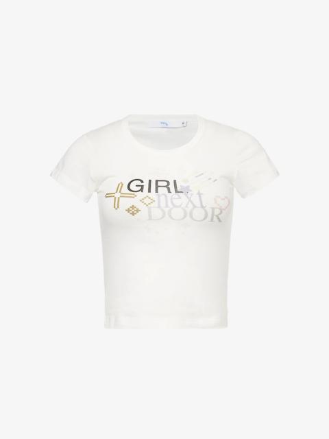 Praying Girl Next Door Slogan-Print Cotton T-Shirt