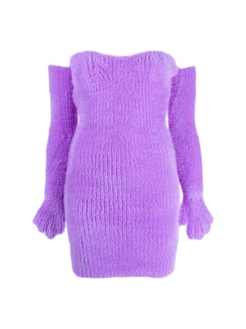 Fuzzy Gloves off-shoulder minidress