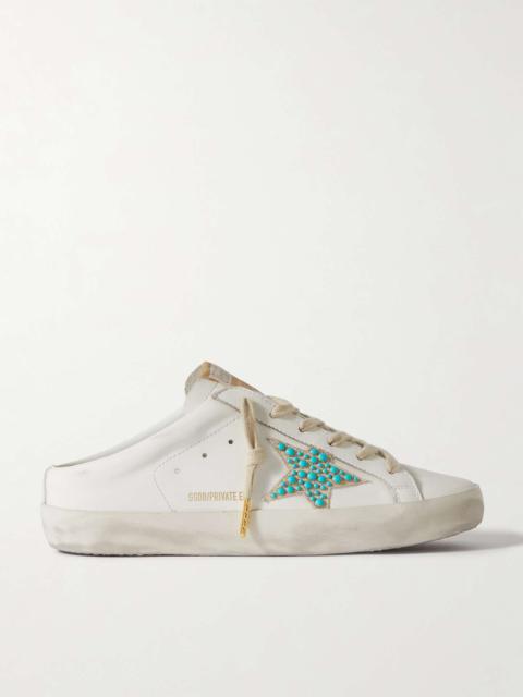 Super-Star Sabot distressed turquoise-trimmed leather slip-on sneakers