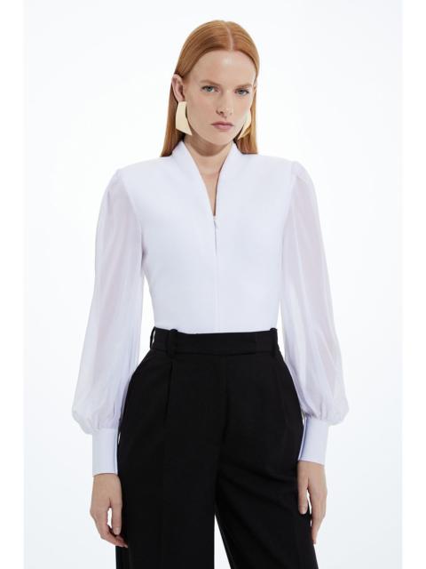 KAREN MILLEN Petite Bandage Figure Form Zip Detail Chiffon Sleeve Knit Top