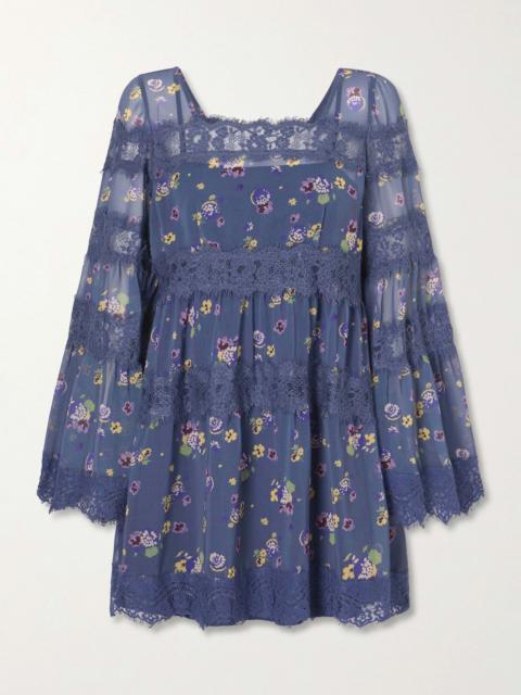 ANNA SUI Pleated floral-print lace-trimmed chiffon mini dress Blue