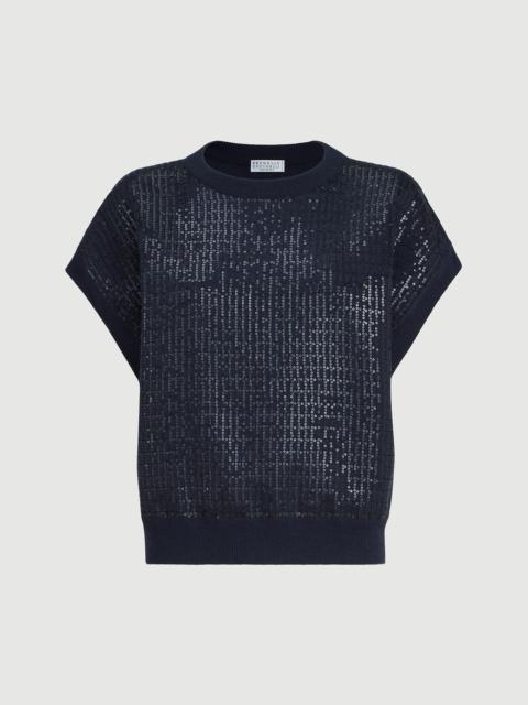 Brunello Cucinelli Virgin wool, cashmere and silk sweater with dazzling check embroidery