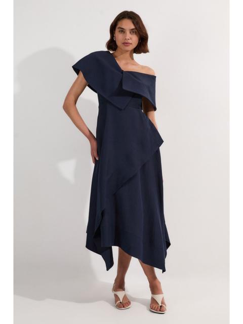 KAREN MILLEN Premium Tailored Linen Asymmetric Shoulder Full Midi Dress