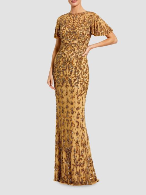 MAC DUGGAL Women's Embellished Flutter-Sleeve Column Gown - Biege Gold
