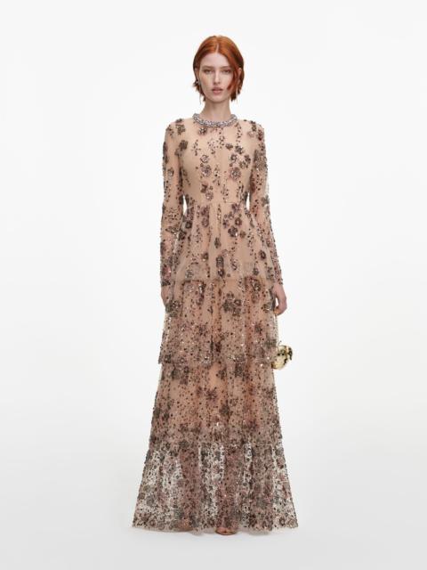 self-portrait Beige Sequin Embellished Tiered Maxi Dress