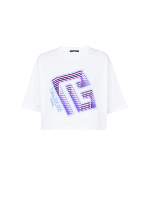 Cropped T-shirt with neon printed labyrinth logo