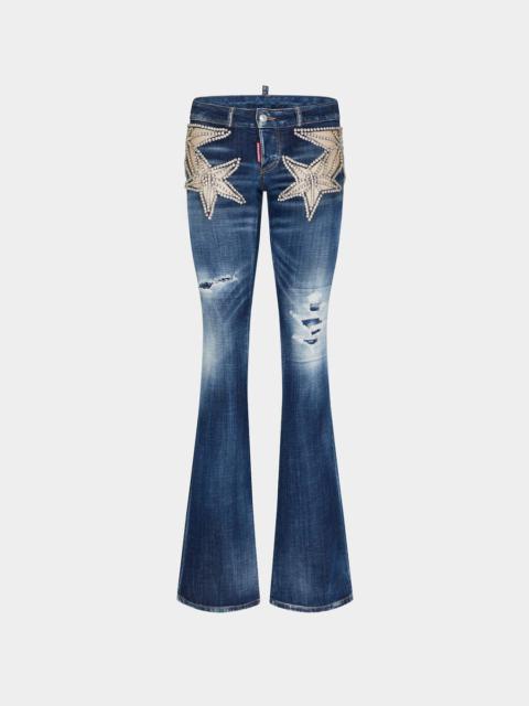 DSQUARED2 DARK RIPPED WASH STARRY NIGHT LOW WAIST FLARE JEAN