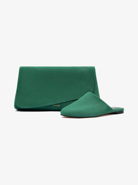 Larroudé Venice Flat Mule and Pouch Kit In Emerald Suede