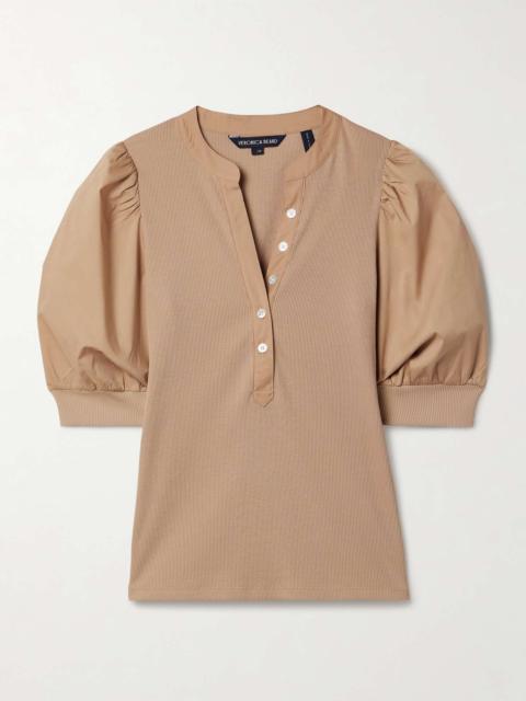 VERONICA BEARD Coralee ribbed Pima cotton-blend jersey and poplin top Camel