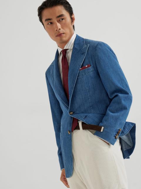 Brunello Cucinelli Lightweight old denim deconstructed blazer with peak lapels and patch pockets