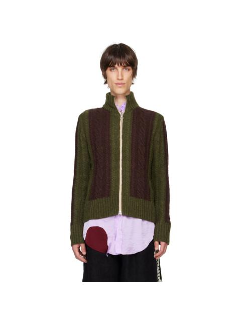 EDWARD CUMING Khaki & Burgundy Cable Knit Zip Sweater