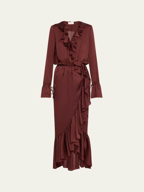 SAINT LAURENT Long Ruffle Trim Wrap Silk Dress