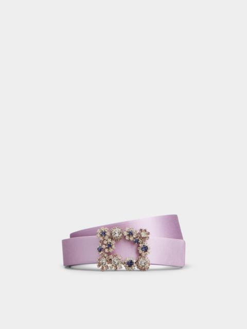 Roger Vivier Flower Strass Colored Buckle Belt in Satin