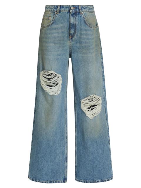 AREA Women's Embellished Fray Relaxed Jeans - Medium Blue