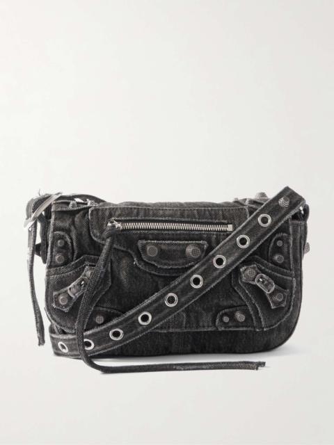 BALENCIAGA Le Cagole XS Studded Washed-Denim Messenger Bag