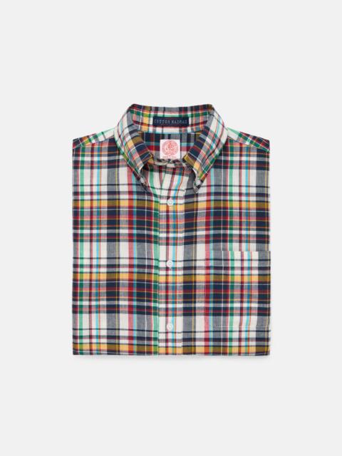 J. PRESS NAVY, RED & GOLD MADRAS BUTTON DOWN SHORT SLEEVE SHIRT
