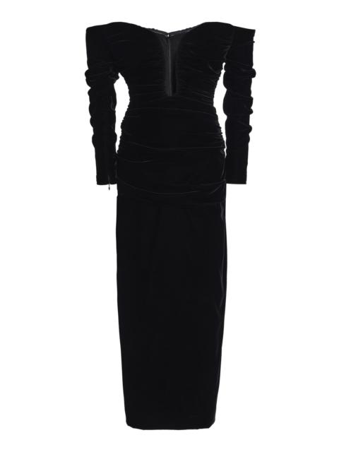 Ruched Off-The-Shoulder Stretch Velvet Midi Dress black