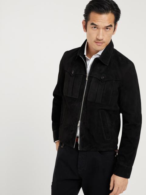 Suede outerwear jacket with chest pockets and raglan sleeves