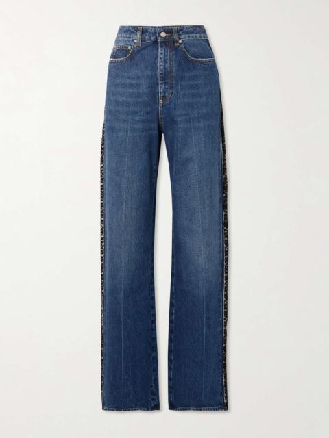 Lace-trimmed high-rise straight-leg jeans
