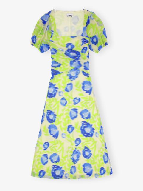 GANNI PRINTED MESH PUFF SLEEVE MIDI DRESS