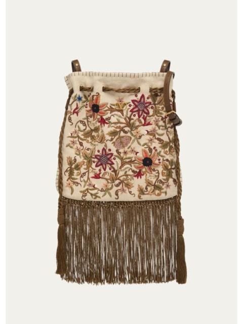 Valentino Fringed Floral-Embroidered Pouch Shoulder bag
