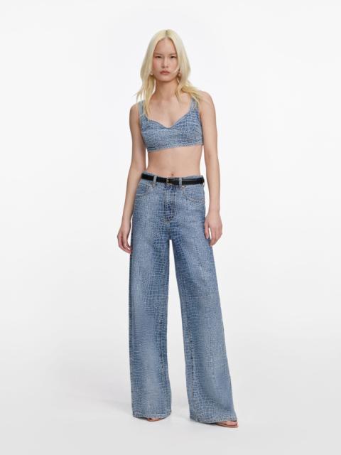 self-portrait Rhinestone Croc Effect Wide Leg Jeans