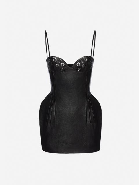 MAGDA BUTRYM Floral detailing leather mini dress in black