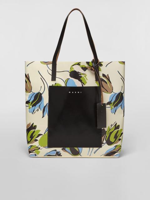 Marni WHITE WINDBLOWN PRINT PVC SHOPPING BAG WITH CALFSKIN HANDLES