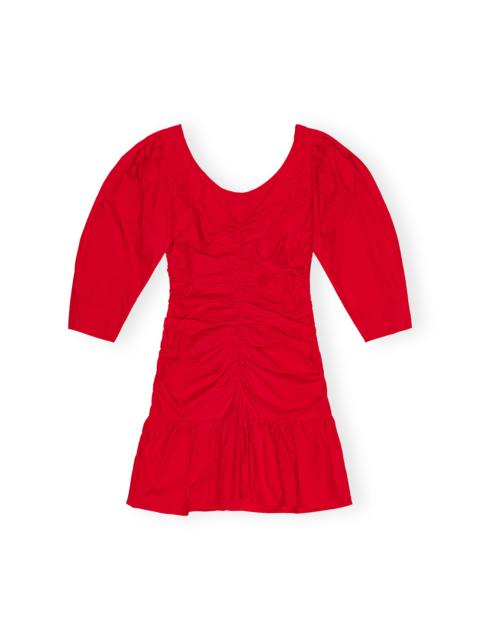 GANNI RED COTTON POPLIN GATHERED U-NECK MINI DRESS