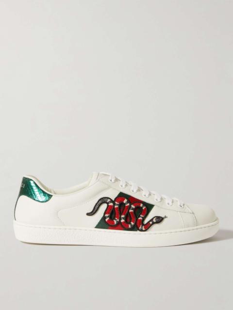 GUCCI Ace Watersnake-Trimmed Appliquéd Leather Sneakers