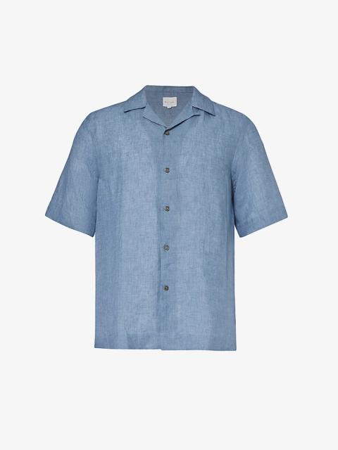 Camp-collar short-sleeved linen shirt