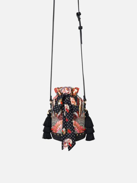 CAMILLA TIE TOP BUCKET BAG WITH TASSELS
