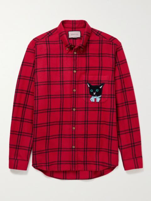 GUCCI Oversized Button-Down Collar Appliquéd Checked Wool-Blend Flannel Shirt