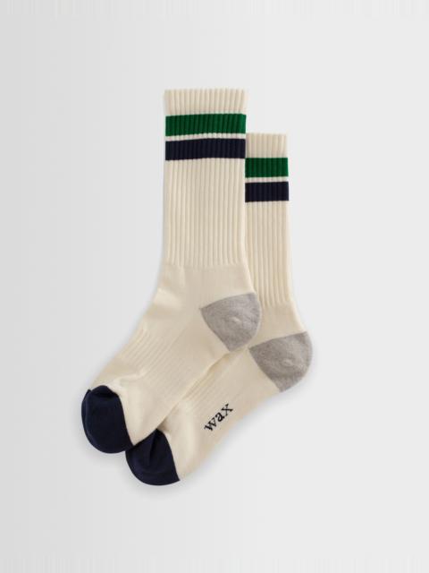 Wax London Thorpe - Ecru And Green Block Stripe Sports Socks