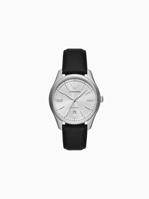 EMPORIO ARMANI Automatic Three-Hand Date Black Leather Watch