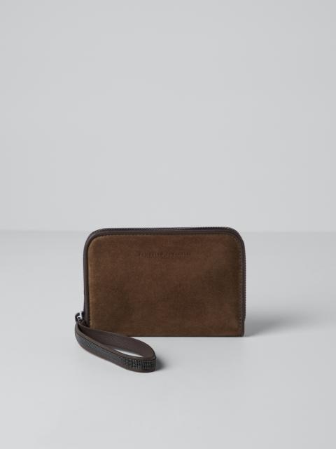 Brunello Cucinelli Soft matelassé small wallet in suede with Precious zipper pull