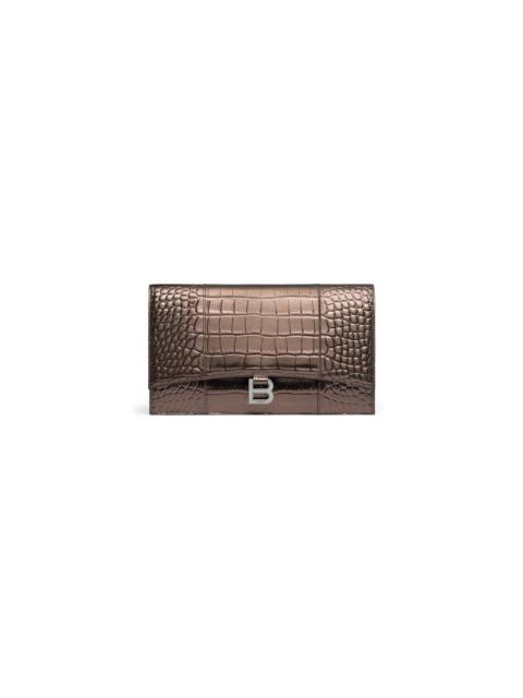 BALENCIAGA Women's Hourglass Flat Pouch With Flap Metallized Crocodile Embossed  in Bronze