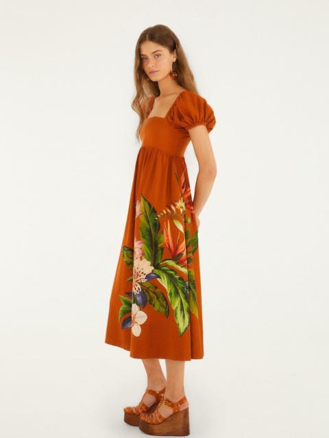 FARM RIO Brown Hilo Arrangment Lenzing Ecovero Euroflax Midi Dress