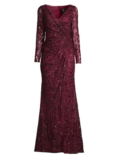MAC DUGGAL Women's Illusion Damask Embroidered Sequin Column Gown - Garnet