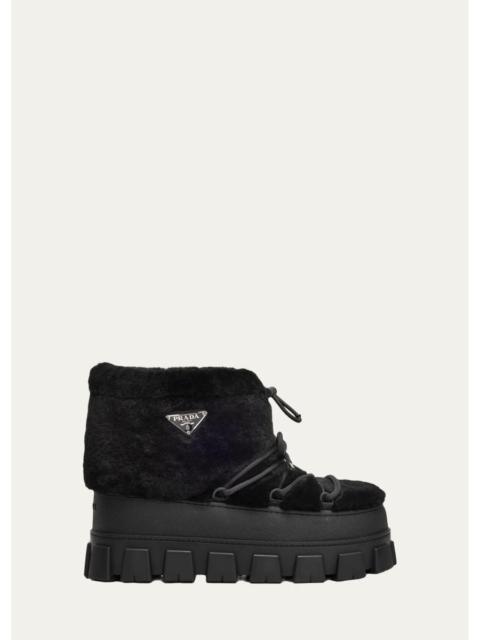 Prada 40mm Triangle Logo Shearling Lace-Up Snow Boots