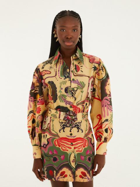 FARM RIO Beige Artsy Surreal Land Beaded Belt Organic Cotton Mini Dress